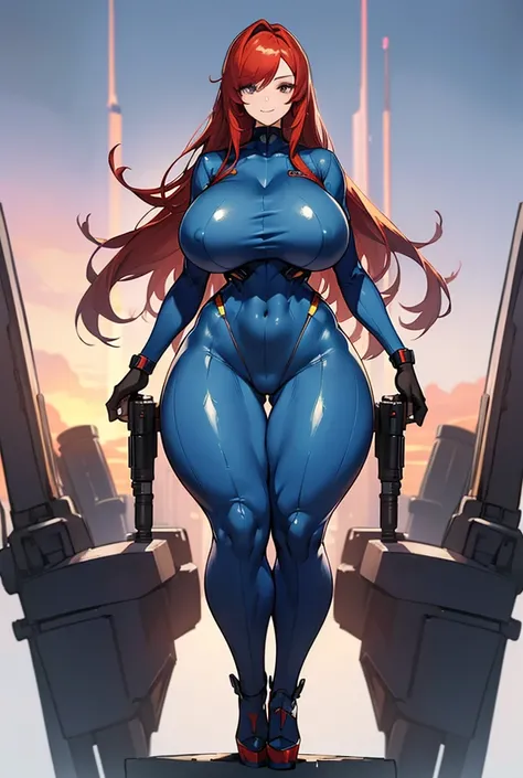 Young girl, Pullover, blue bodysuit , full suit, whole body to see, smile showing teeth, straight hair , (( very wide hips)), (((colossal Thighs, gigantic thighs, very huge thighs, very big thighs))), fullbody, platform heels, pale skin, big breast, gun, s...