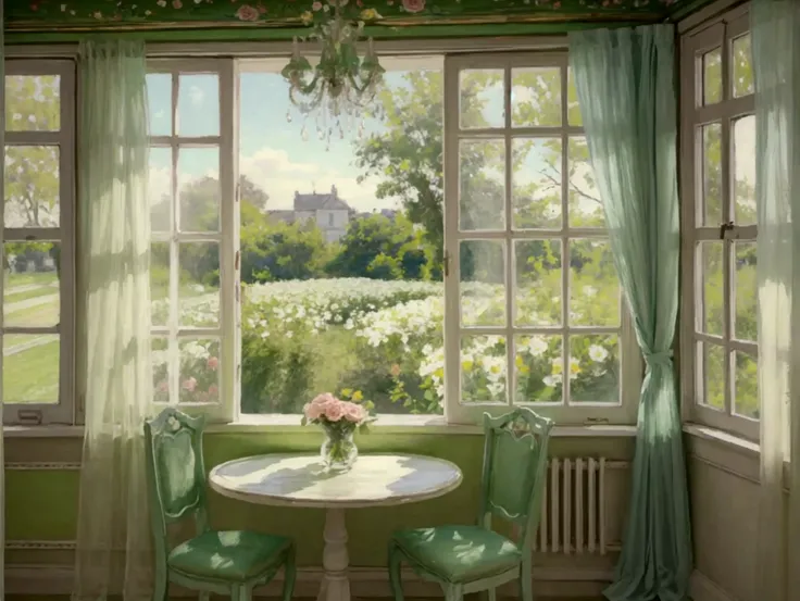 pastel colour　green　yellow　room　Rose garden outside the window　cute　　race　curtain　