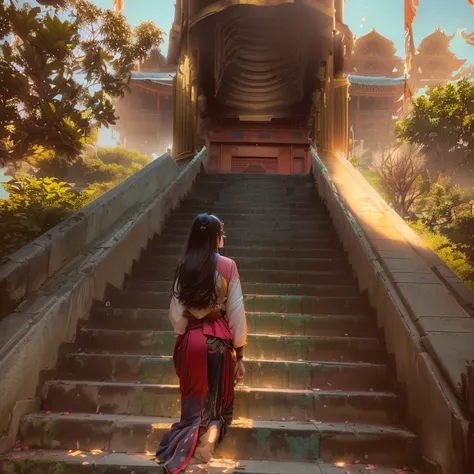 a close up of a person walking up a set of stairs, in front of a temple, sitting on temple stairs, in front of the temple, stairway to heaven, in a temple, temples behind her, coming down the stairs, leading to a beautiful, view from below, temple in the b...