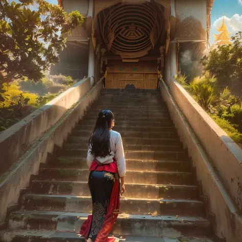 a close up of a person walking up a set of stairs, in front of a temple, sitting on temple stairs, in front of the temple, stairway to heaven, in a temple, temples behind her, coming down the stairs, leading to a beautiful, view from below, temple in the b...