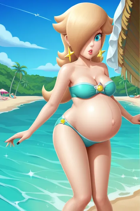 score_9, score_8_up, 1girl, solo, rosalina, style parody, thick outlines, bikini, panties, pregnant belly, big belly, sleeveless, strapless, cleavage, indoors, beach, black nails, complete body, perfect, blue nails,