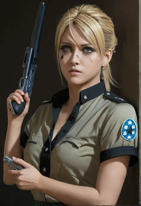 Riza Hawkeye, blonde hair, (black eye:1.5), folded ponytail,hold a gun and take aim,(((scared))),
break shirt, short sleeve, earrings, black shirt, army white lace panties,
break looking at viewer, full body,
break indoors,
break (masterpiece:1.2), highest...