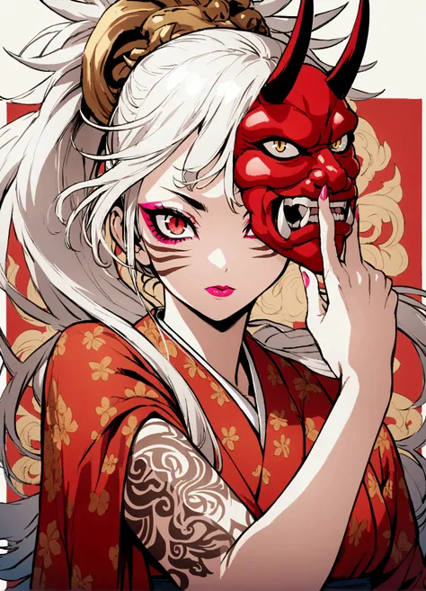 One girl、oni mask、Yakuza、Older sister、Sharp eyes、Colorful eyeshadow、Facial scars、Staring at the audience、Red kimono、ponytail、bangs、White Hair、bangsの大きな胸、slim、Full Arm Tattoo、、Pinup Pose、Portrait、An illustration 