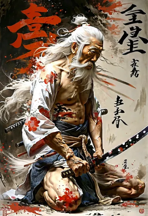 historic, Shirtless老人, warrior,Wounded,Shirtless, Japanese sword, Long white hair, Long white beard，warrior,Grandpa, burst，Kneeling，Seppuku suicide