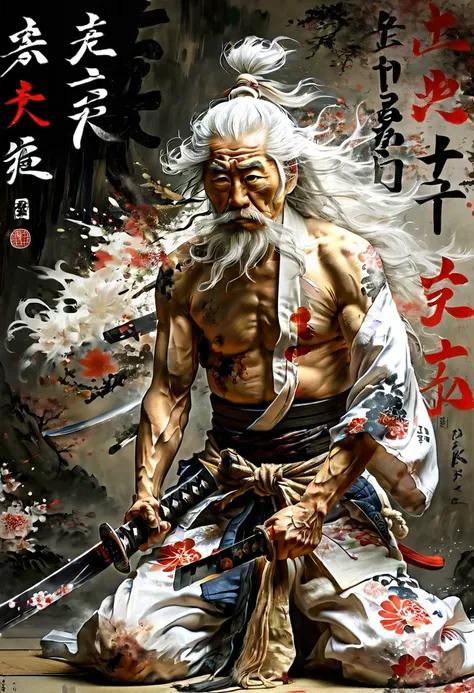 historic, Shirtless老人, warrior,Wounded,Shirtless, Japanese sword, Long white hair, Long white beard，warrior,Grandpa, burst，Kneeling，Seppuku suicide