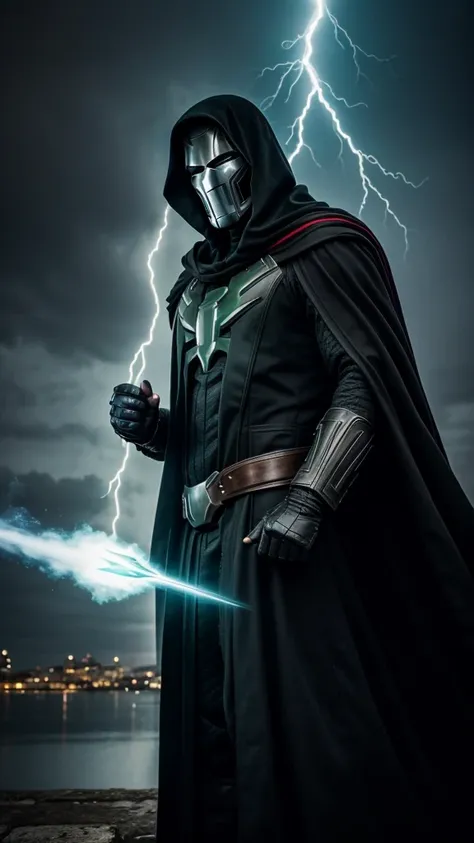 Doctor Doom Marvel, 35mm lens, photography, ultra-detailed, HDR, UHD, 8K, portraits, dark atmosphere, menacing expression, black cloak, iconic metal mask, glowing power green eyes, intricate armor, smoke effects, dynamic pose, ruined cityscape, dramatic li...