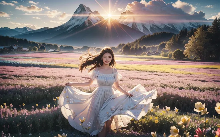 1girl, dynamic angle, cloud and mountain, (flower field:1.4) in the foreground, white dress, light tracing, (floating colorful wind:1) (photorealistic:1.4), official art, unity 8k wallpaper, ultra detailed, beautiful and aesthetic, masterpiece,best quality...