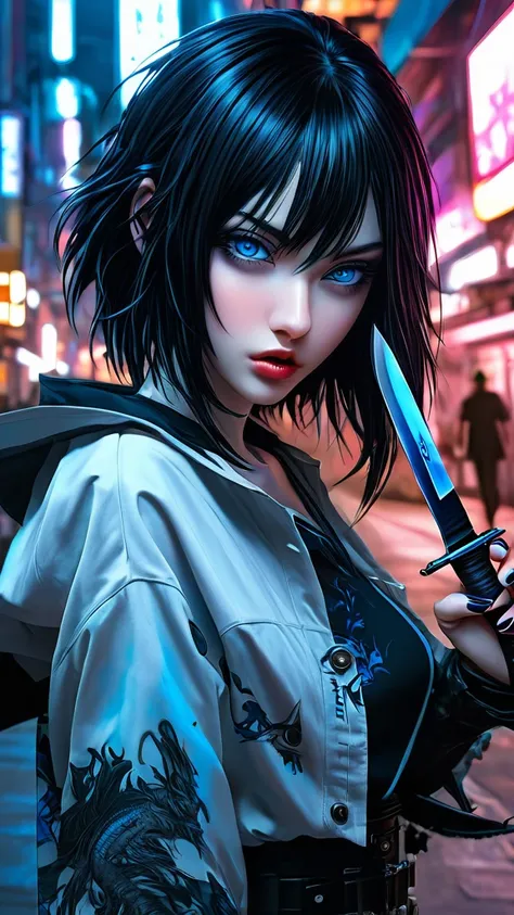 a woman with black hair and blue eyes holding a knife, cyberpunk art by Yuumei, pixiv contest winner, gothic art, anime style 4 k, anime art wallpaper 4k, anime art wallpaper 4 k, anime art wallpaper 8 k, anime wallpaper 4k, anime wallpaper 4 k, badass ani...