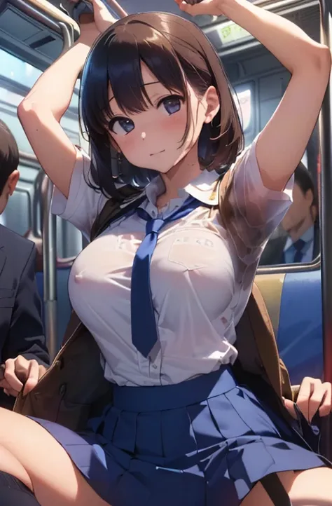 (NSFW)、(((Masterpiece、Detailed、Highest quality、Realistic texture、Tabletop)))、((Big Breasts))、(((crowded train)))、(((White short sleeve shirt)))、tits、(((Blue tie、Navy Skirt、Navy blue socks、Brown Loafers)))、(((Spread your legs、Masturbation)))、(((Detailed膣、Ov...