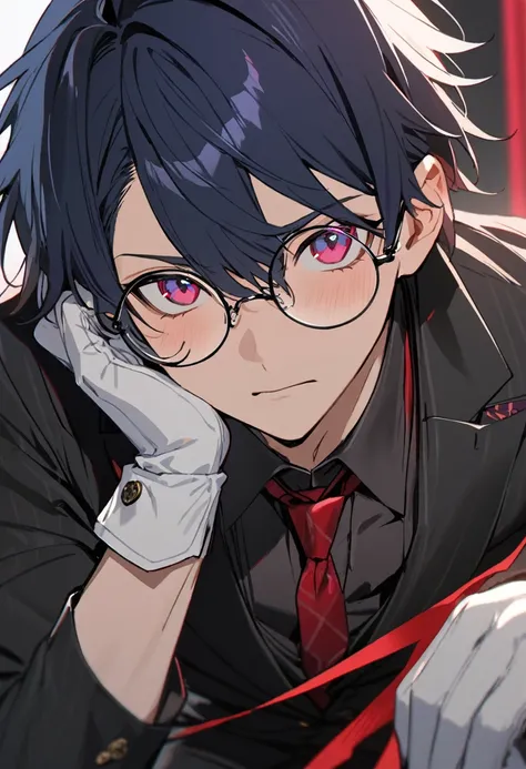 1male, dark blue hair, ruby colored eyes, bestquality, round glasses, black suit, white gloves