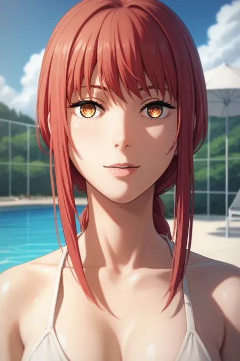 1girl in full growth, best quality, masterpiece, ultra-detailed, high quality,good quality,1 girl,(master piece,high resolution, ultra detailed,8k,16K),1girl,mak1ma0,red hair,long hair,ringed eyes,Swimwear