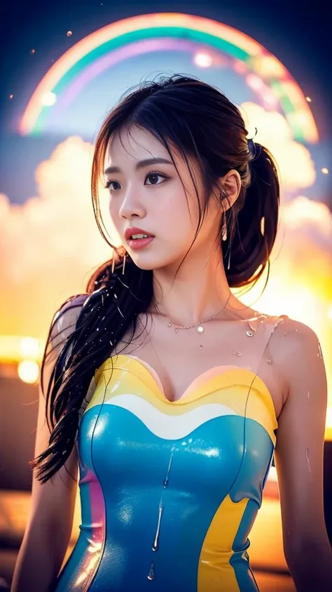 Beautiful Japanese Woman, The wax dress melts and drips off her body.. (masterpiece: 1.2), (Highest quality), 4K, Very detailed, (moving composition: 1.4), Very detailed, Colorful details, (Rainbow colors: 1.2), (Bright lighting, Atmospheric lighting), dre...