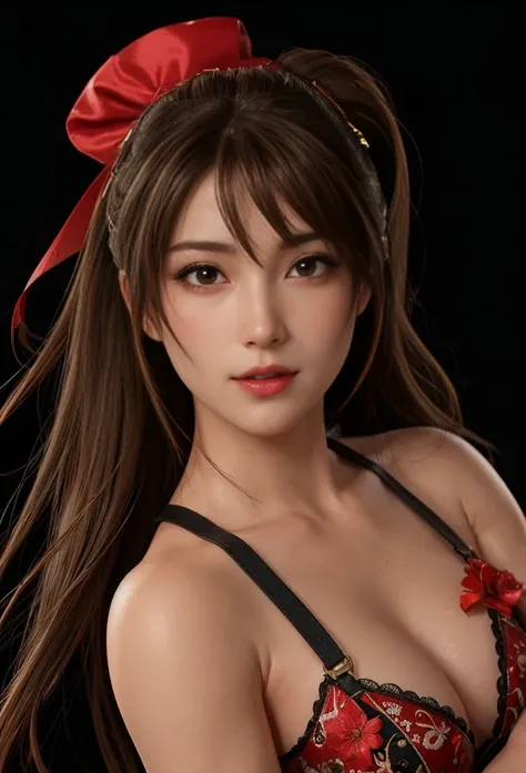 Mai Shiranui, (best quality,Ultra-detailed),(realistic:1.37), beautiful and detailed face, ultra-realistic texture, delicate face, athletic body, vivid colors. high definition, 8K, wearing red lipstick, rosy cheeks.