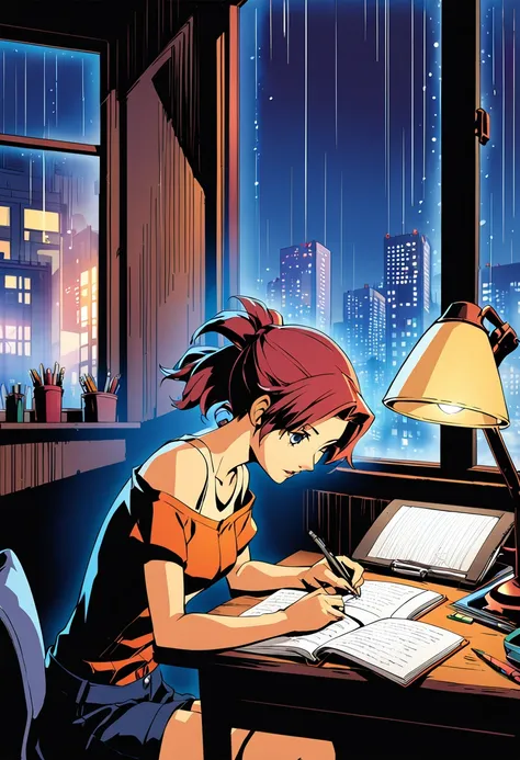 a nighttime cityscape serves as the backdrop for an anime-style illustration. the scene features a young woman sitting at a desk...