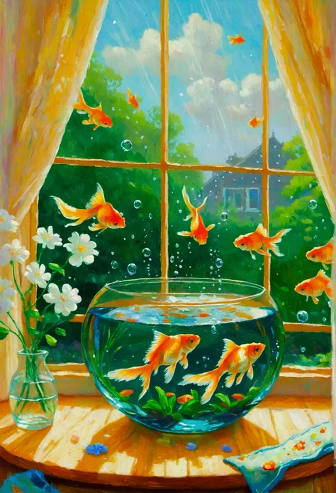 there are many goldfish swimming in a bowl in front of a window, floating goldfish, fish floating in bedroom, goldfish, fish, al...