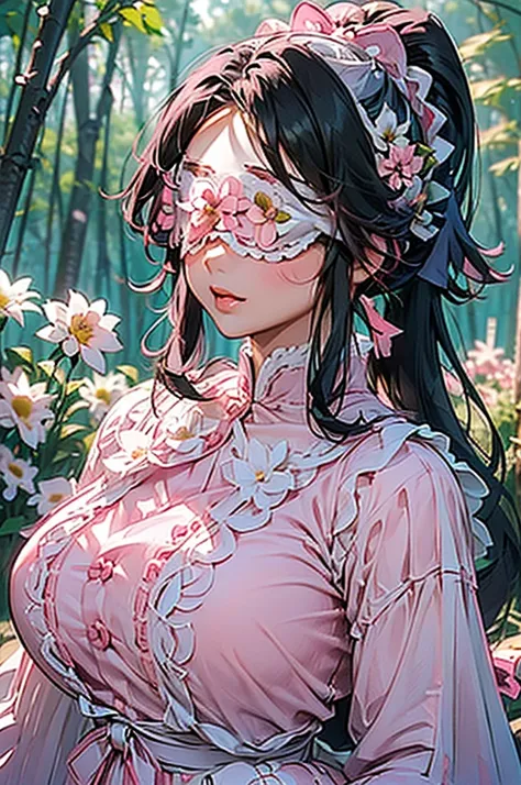 (((beautiful))), (((flower blindfold, eyes covered with flowers, cute white and pink outfit))), ((black hair, ponytail, chubby))...