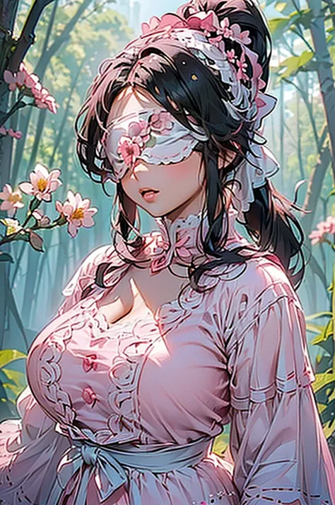 (((beautiful))), (((flower blindfold, eyes covered with flowers, cute white and pink outfit))), ((black hair, ponytail, chubby))...