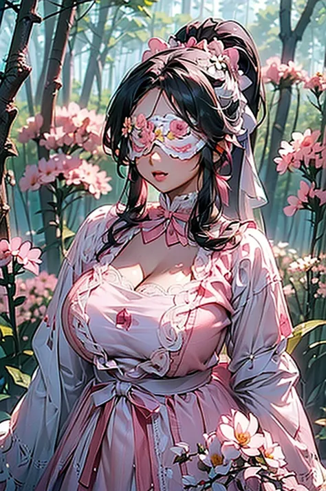 (((beautiful))), (((flower blindfold, eyes covered with flowers, cute white and pink outfit))), ((black hair, ponytail, chubby))...