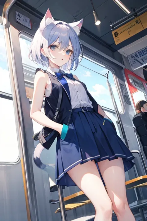 Cat ear　Blue Skirt　Put your hands in your pockets　A train passes by　Sleeveless dress