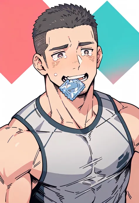 anime characters：Priapus, Muscle Sports Student, Buzz Cut, Manliness, male focus, Sports tight hooded sweatshirt, Very tight, full and perky chest muscles, muscular male, muscular, only, Upper body, alone, Black short hair, Thick eyebrows, stubble, Brown-r...