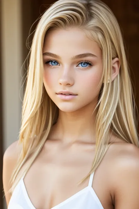 a teenage model, 18 years old, light eyes, smooth skin, blonde hair