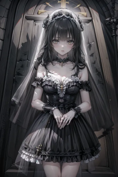 Create an image set with a photorealistic dark chapel, Illuminated only by moonlight, Featuring an anime-style girl character as the central character. She is portrayed as an evil guru., She is wearing a jet black dress with a striking black veil., Pale sk...