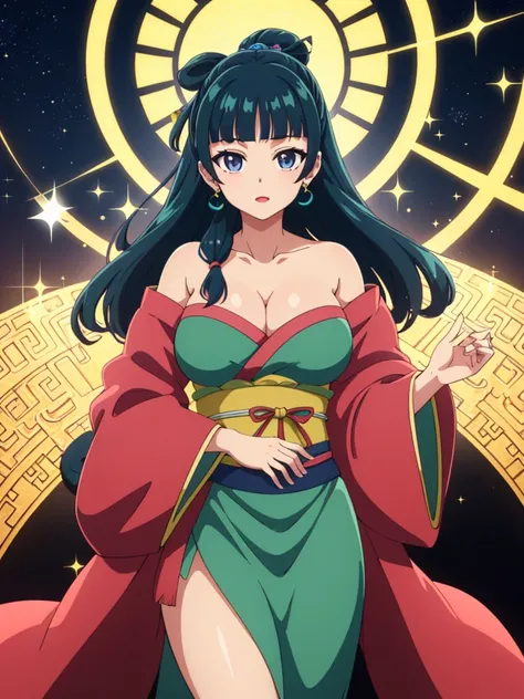 (((Highest quality､Ultra-high resolution､masterpiece: 1.2))), Highly detailed anime art style,Teen Style, (Off the shoulder,Earrings, A luxurious interior of the Tang Dynasty harem), Detailed green hair, Detailed blue eyes, Complicated hairstyle, Long Hair...