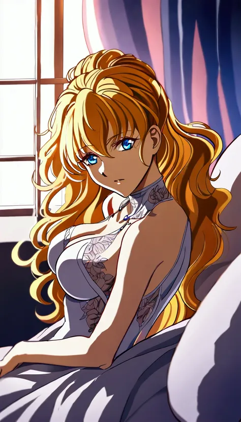 masterpiece,beautiful adult woman,super robot wars,excellen browning,blonde,blue eyes,bedroom