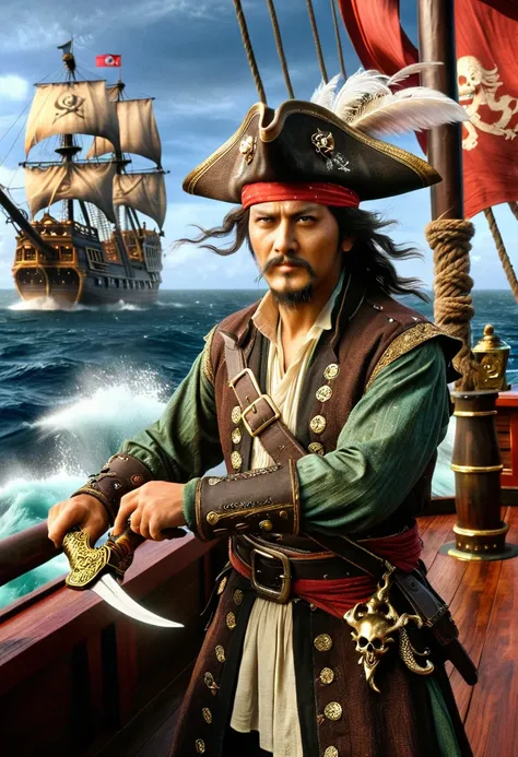 a swashbuckling pirate, an unyielding man of south asian descent with a salt-frosted beard and a hat adorned with towering feath...