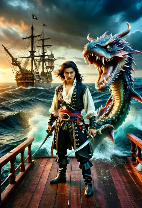 this is a dark fantasy scene.，depicting a pirate fighting a sea monster on his ship。this pirate is of asian descent，the gender i...