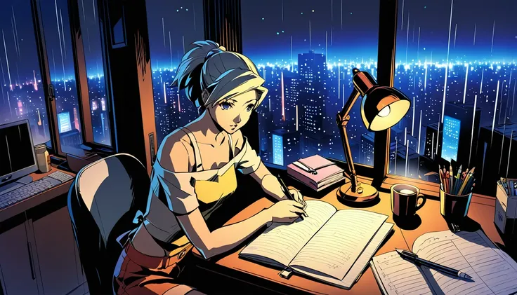 a nighttime cityscape serves as the backdrop for an anime-style illustration. the scene features a young woman sitting at a desk...