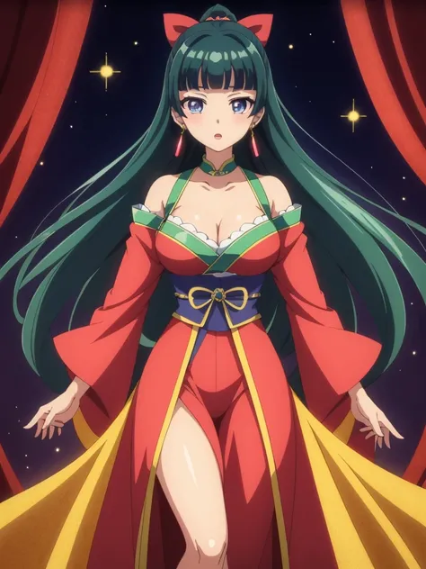 (((Highest quality､Ultra-high resolution､masterpiece: 1.2))), Highly detailed anime art style,Teen Style, (Off the shoulder,Earrings, A luxurious interior of the Tang Dynasty harem), Detailed green hair, Detailed blue eyes, Complicated hairstyle, Long Hair...