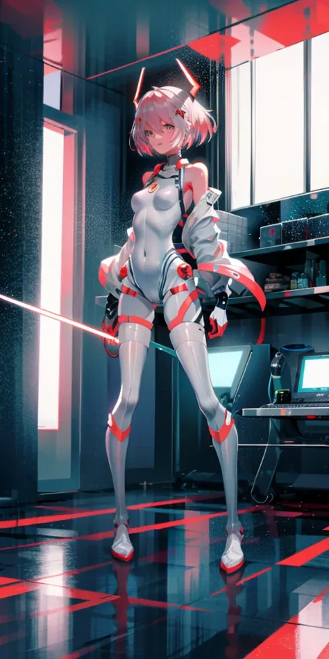 （Best quality：1.2），1 girl，Alone，permanent_，Ayanami Rei，White jumpsuit，Red Eyes，Pilot suits，short hair，Blue Hair，Bangs，Interface Headphones，turtleneck sweater，Hair between the eyes，Pixelated background，Neon lights，Sci-fi color scheme，Vibrant colors，Metallic...