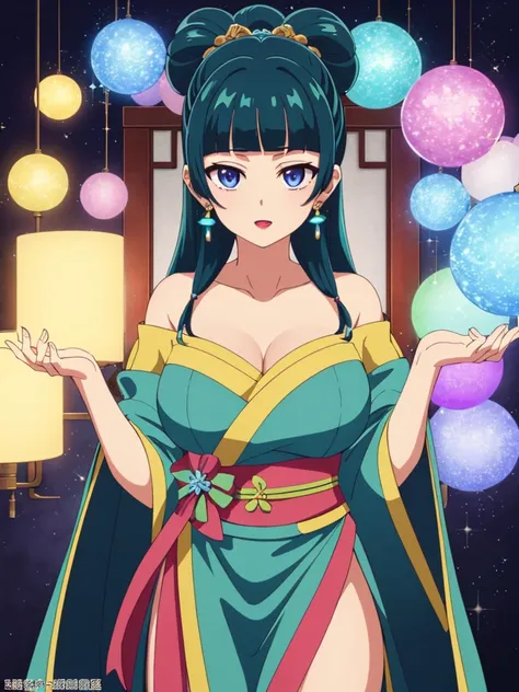 (((Highest quality､Ultra-high resolution､masterpiece: 1.2))), Highly detailed anime art style,Teen Style, (Off the shoulder,Earrings, A luxurious interior of the Tang Dynasty harem), Detailed green hair, Detailed blue eyes, Complicated hairstyle, Long Hair...