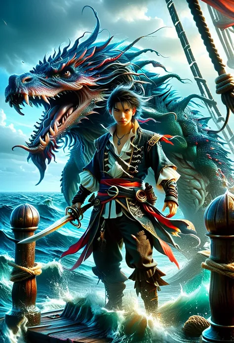 this is a dark fantasy scene.，depicting a pirate fighting a sea monster on his ship。this person is of asian descent，the gender i...