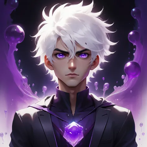 work of art,absurderes,best qualityer,standing alone,1 boy,male focus,jelly portrait,2d,アニメ,white hair, purples eyes,looking at ...