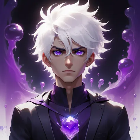 work of art,absurderes,best qualityer,standing alone,1 boy,male focus,jelly portrait,2d,アニメ,White hair, purples eyes,looking at camera 