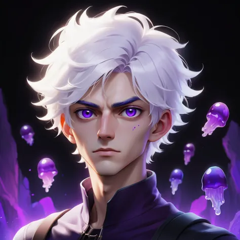 work of art,absurderes,best qualityer,standing alone,1 boy,male focus,jelly portrait,2d,アニメ,White hair, purples eyes,looking at camera, masculine face,eye scar]