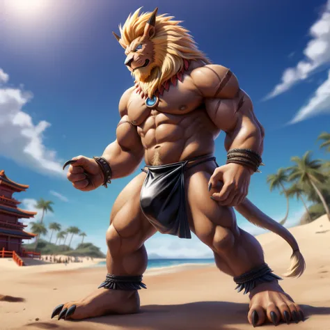 Furry, Kemono, Leon, Leomon, Digimon, (Solo), Bigg Ass, Male Bulge, masculine, Full body, Feet, (Anime Blue Eyes), (Perfect Eyes), Braided Mane, Black leather harness, Spiked Anklet, (White fitted fundoshi), (Fundoshi) , (Sands Beach background), High Reso...