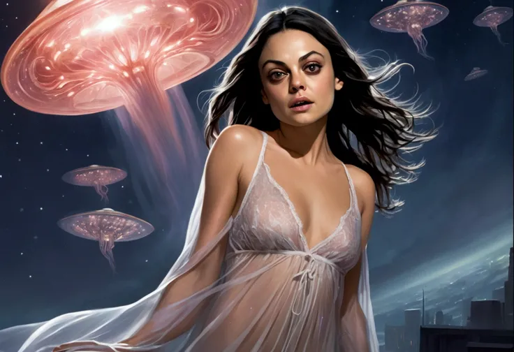 (Mila Kunis, 25 years old, in a sheer nightgown, in a trance), is being swallowed into an eldritch UFO, tentacles caress and push her into the opening as they remove her clothes, flying through the night sky