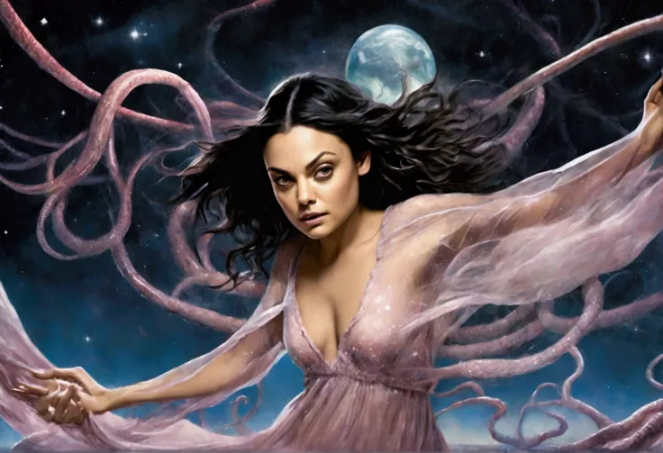 (Mila Kunis, 25 years old, in a sheer nightgown, in a trance), is being swallowed into an eldritch UFO, tentacles caress and push her into the opening as they remove her clothes, flying through the night sky
