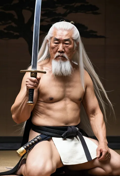 historic, Shirtless老人, warrior,Wounded,Shirtless, Japanese sword, Long white hair, Long white beard，warrior,Grandpa, burst，Kneeling，Seppuku suicide