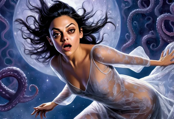 (Mila Kunis, 25 years old, in a sheer nightgown, in a trance), is being swallowed into an eldritch UFO, tentacles caress and push her into the opening as they remove her clothes, flying through the night sky
