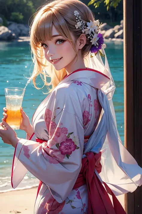 Smiling beautiful woman in a kimono holding a transparent glass of water close to her face