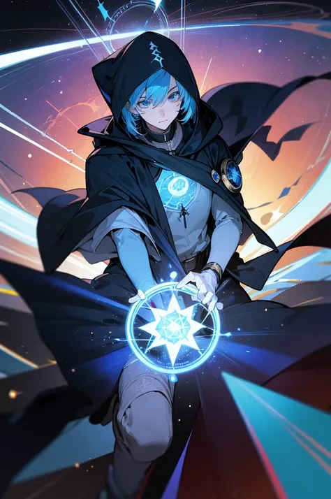 A young man with blue hair and blue eyes, wearing a blue hooded robe, deploying a huge black magic circle, background: distortion of space-time, asteroid belt, a supernova explosion in his hand, and a huge compass behind him