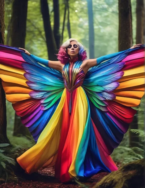 lady gaga colorfull dress standing in a forest, magic dress, beautiful and colorful, costume dress, rainbow wings, rainbow overl...