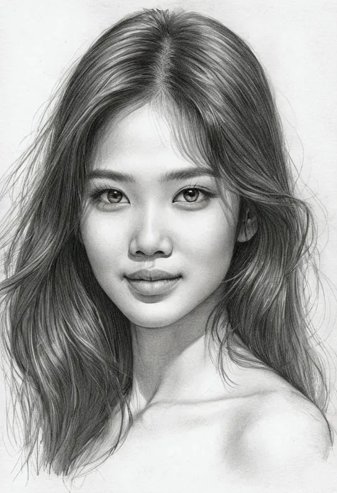 A delicate, graphite sketch shows a half body naked beautiful Thai woman, her features rendered in subtle shading and precise lines. The framing is tight, focusing attention on the subjects sweet face, very big eyes, very high nose, thick and long eyebrow,...