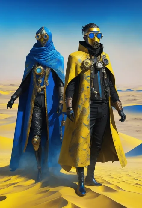 1 character, 1 man in black cape and steampunk vaporpunk costumes, art in blue and yellow only, mask, 4D high relief texture painting, 8k, 4D, futuristic vintage, ornate desert, full body view, photorealism, abstract impressionism