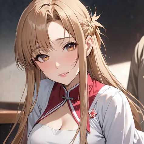 ((Highest quality)), ((masterpiece)), (detailed), （Perfect Face）、The woman is a North Korean named Yuuki Asuna, with light brown, semi-long hair, and serves the North Korean officials as a member of the pleasure group.