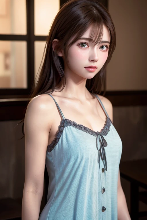 8k, Highest quality, Tabletop:1.2), (Realistic, Photorealistic:1.37), Highest quality, Tabletop, Beautiful young woman, Pensive expression, Kind eyes, Cute Nightgown、Shy、Tie your hair back, Messy mood, Movie Background,  Light skin tone